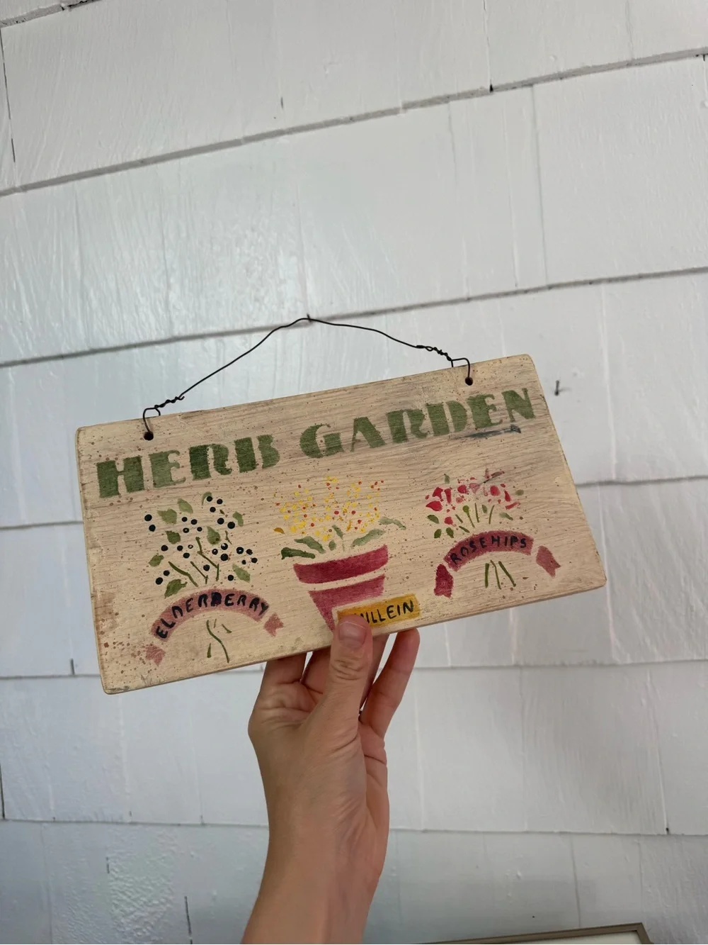 Wooden herb garden sign wire hang elderberry, mullein and rose hips handmade